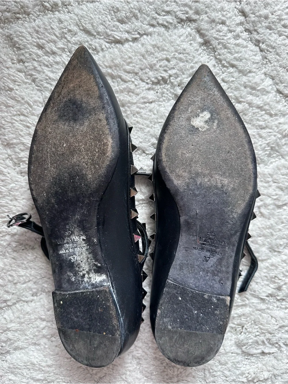 Valentino Rockstud Black Pointed Flat - Black Leather Studded Flats